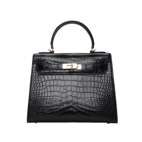 Designer Black Genuine Crocodile Leather Top Handle Handbag