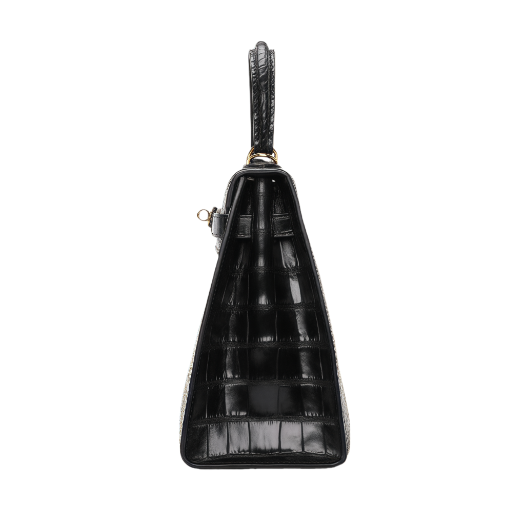 Designer Black Genuine Crocodile Leather Top Handle Handbag