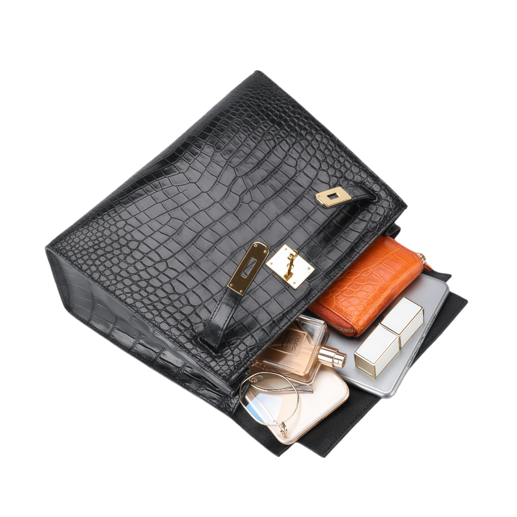 Designer Black Genuine Crocodile Leather Top Handle Handbag