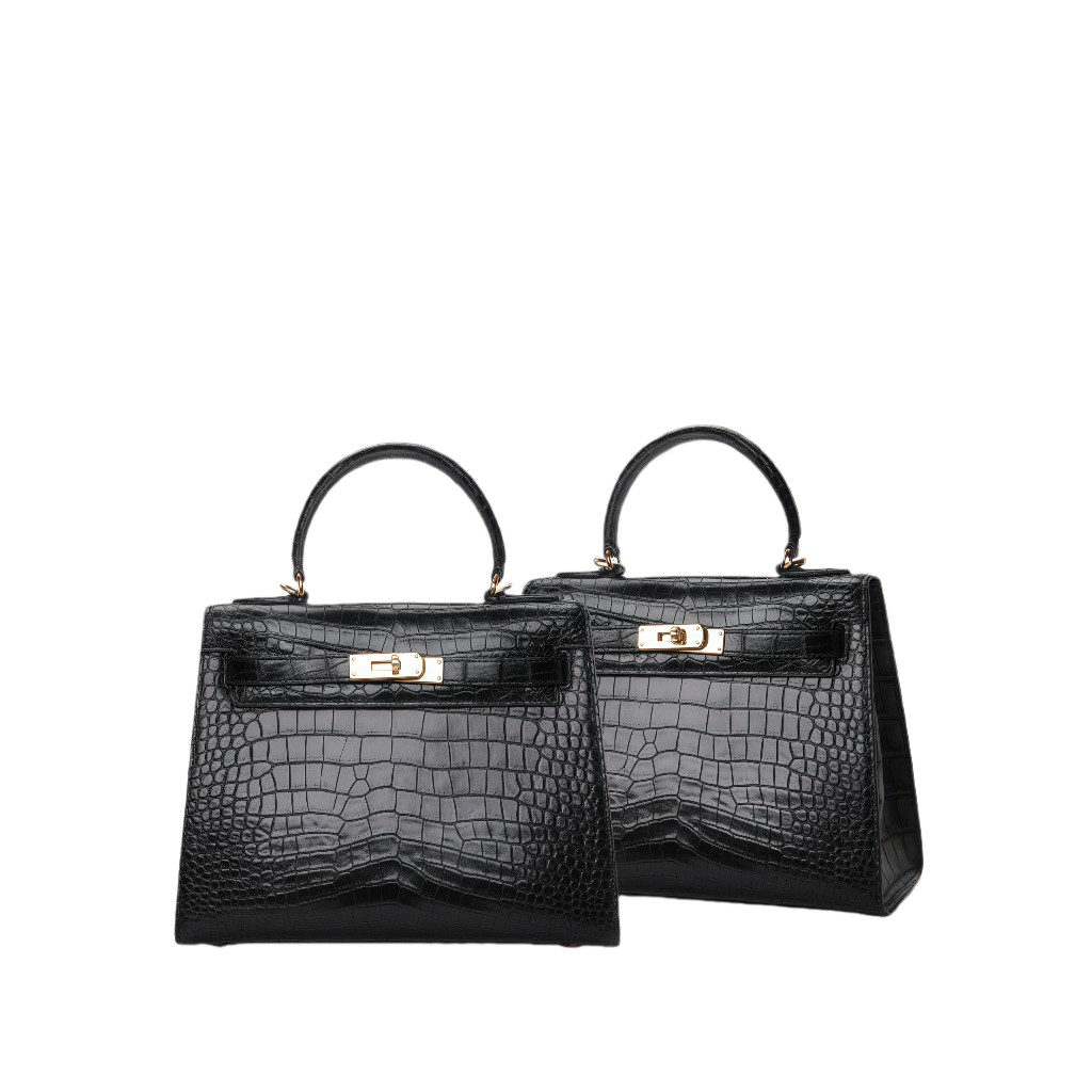 Designer Black Genuine Crocodile Leather Top Handle Handbag