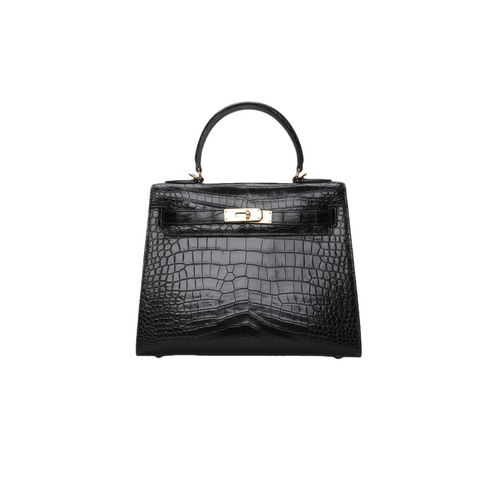 Designer Black Genuine Crocodile Leather Top Handle Handbag