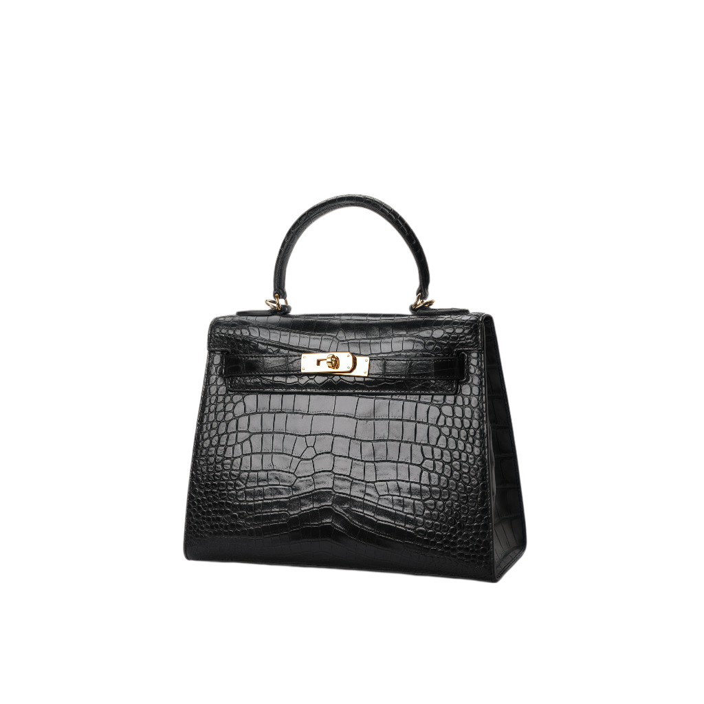 Designer Black Genuine Crocodile Leather Top Handle Handbag