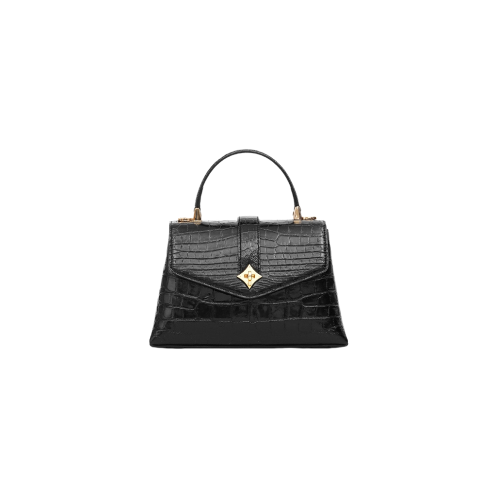 Women's Black Crocodile Leather Top Handle Handbag 