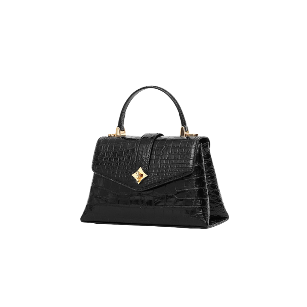 Luxury Black Genuine Crocodile Leather Top Handle Handbag for