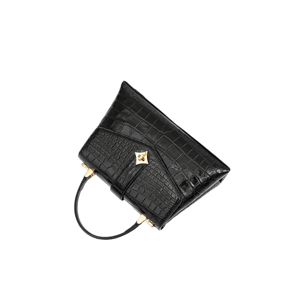 Women's Black Crocodile Leather Top Handle Handbag 